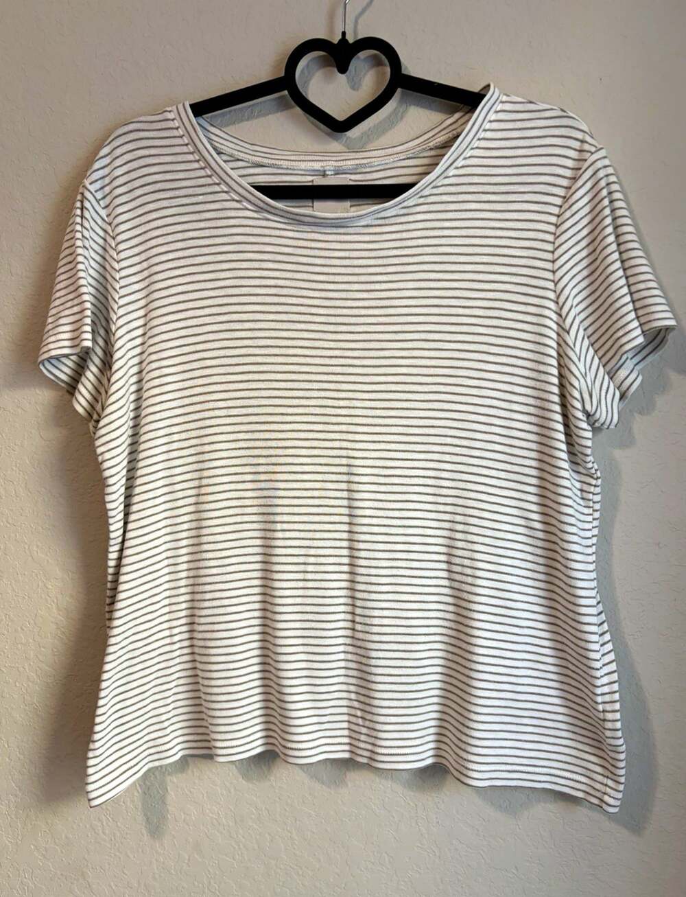NIC+ZOE Women’s L White/Gray Striped Knit Round Neck Short Sleeve Cotton Modal